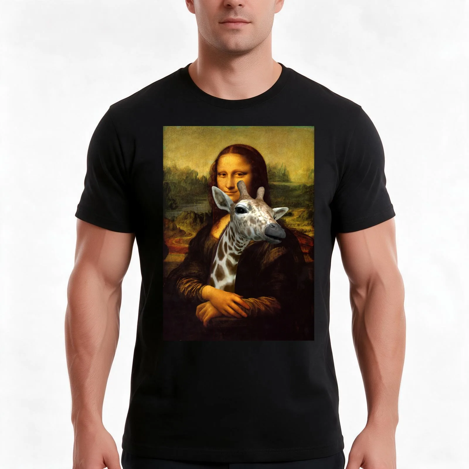 Mona Lisa Loves Giraffes T-Shirt, Summer Casual Cotton Tee, Oversized Streetwear Tops, Vintage Graphic Print, Unisex Men Women
