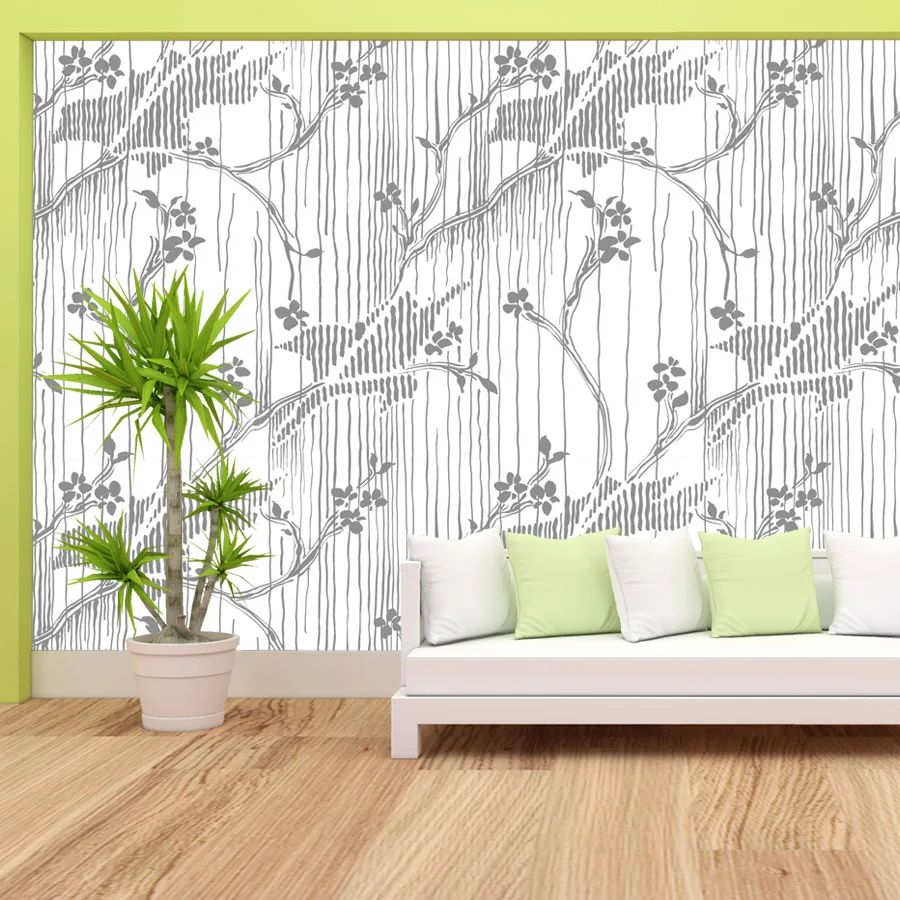 15+ Botanical Grey Line Floral Branch Nature Mural Decor, Self Adhesive Optional, Wallpapers for Living Room TV Walls Renovation