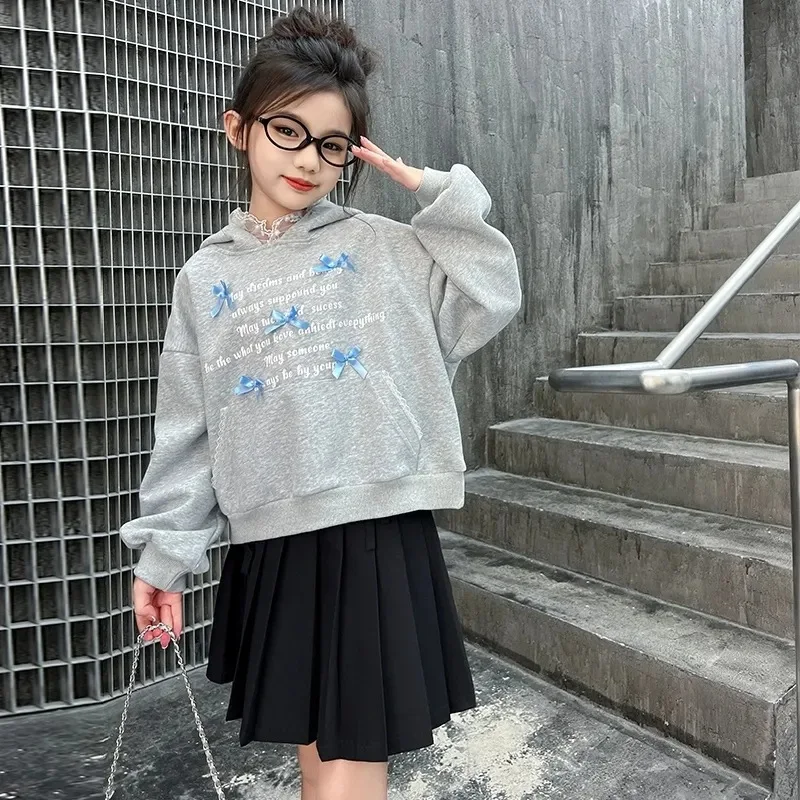 

2025 г., осенне-зимняя одежда для девочек, толстовка с длинными рукавами и буквами, детская толстовка с капюшоном для подростков, дети 4, 5, 6, 7, 8, 9, 10, 11, 12, 13, 14 лет