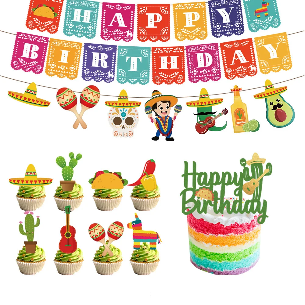 Set de Decoración para Fiesta Mexicana, Banner de Feliz Cumpleaños, Guirnalda de Sombreros, Adornos para Cupcakes de Tacos y Cactus, Maracas, Temática Infantil