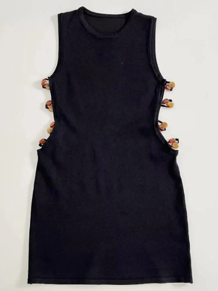 

Crew Neck Solid Color Sleeveless Women Summer Dress Black Side Cutout Bead Decor Bodycon Robe 2026 Lady Casual Party Vestidos