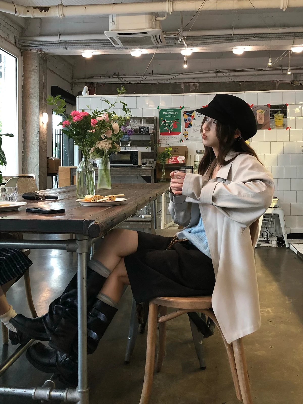 

927 New Endl Ele ort Loose Women's Coat Khaki Color Briti Sle Commute Casual Faion Polyester Cotton Blend