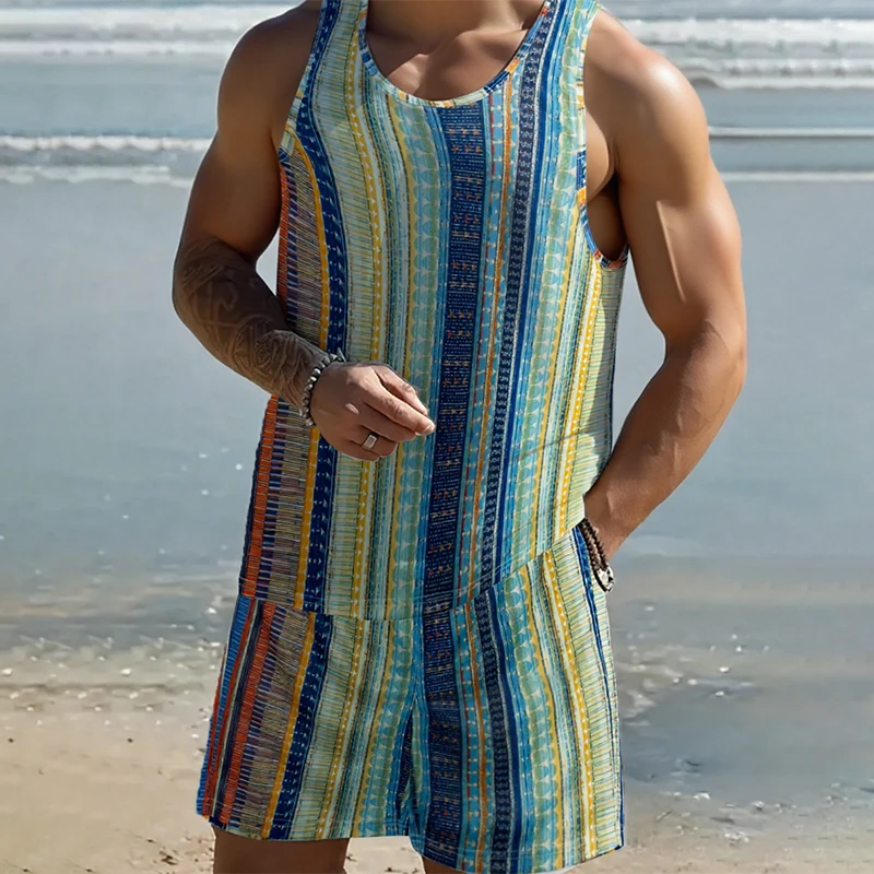 Męski strój plażowy na lato 2025, nadruk zachodu słońca, ognistych chmur, męska codzienna kamizelka, lekkie, oddychające, wysokiej jakości szorty.