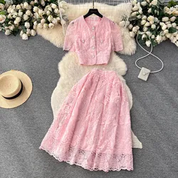 High Quality Flower Embroidery Set Two Piece Suit Lace Hook Flower Short Sleeve Shirt Tops Midi Skirt 2 Piece Outfits Female