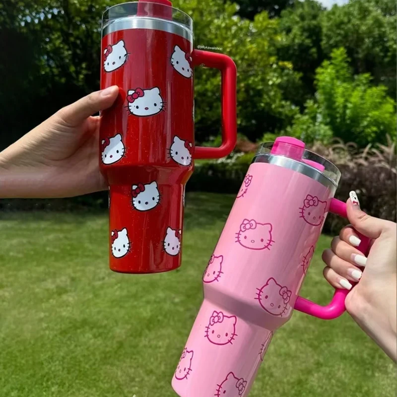 40Oz Hello Kitty Stainless Steel Vacuum Cup Anime Large Capacity Straw Cup With Handle Long Lasting Cooling Heating Coffee Cup