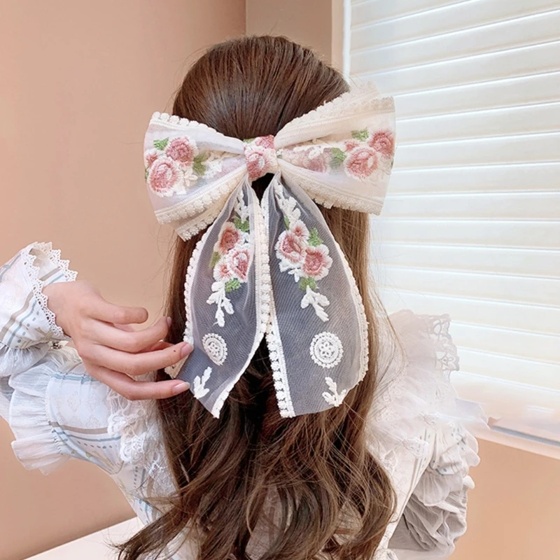 Girl Hair Clip Floral Large Embroidered Lace Bows Balletcore Clips for Lady Dropship