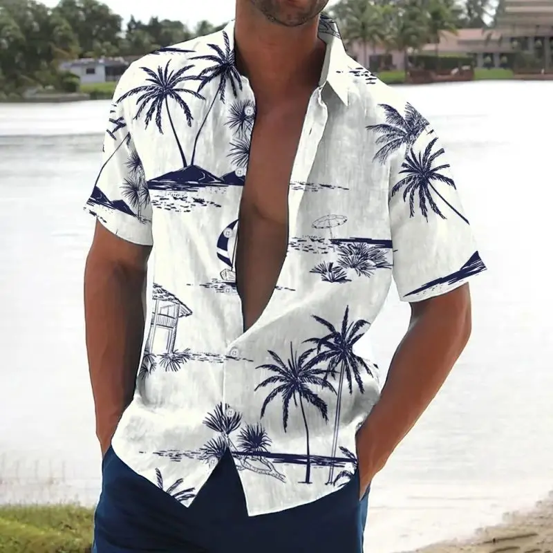 Retro Mens Shirt Coconut Print Short Sleeve Beachwear Autumn Thickened Fleece  Collar Nine Points Sleeve Brand Unbranded