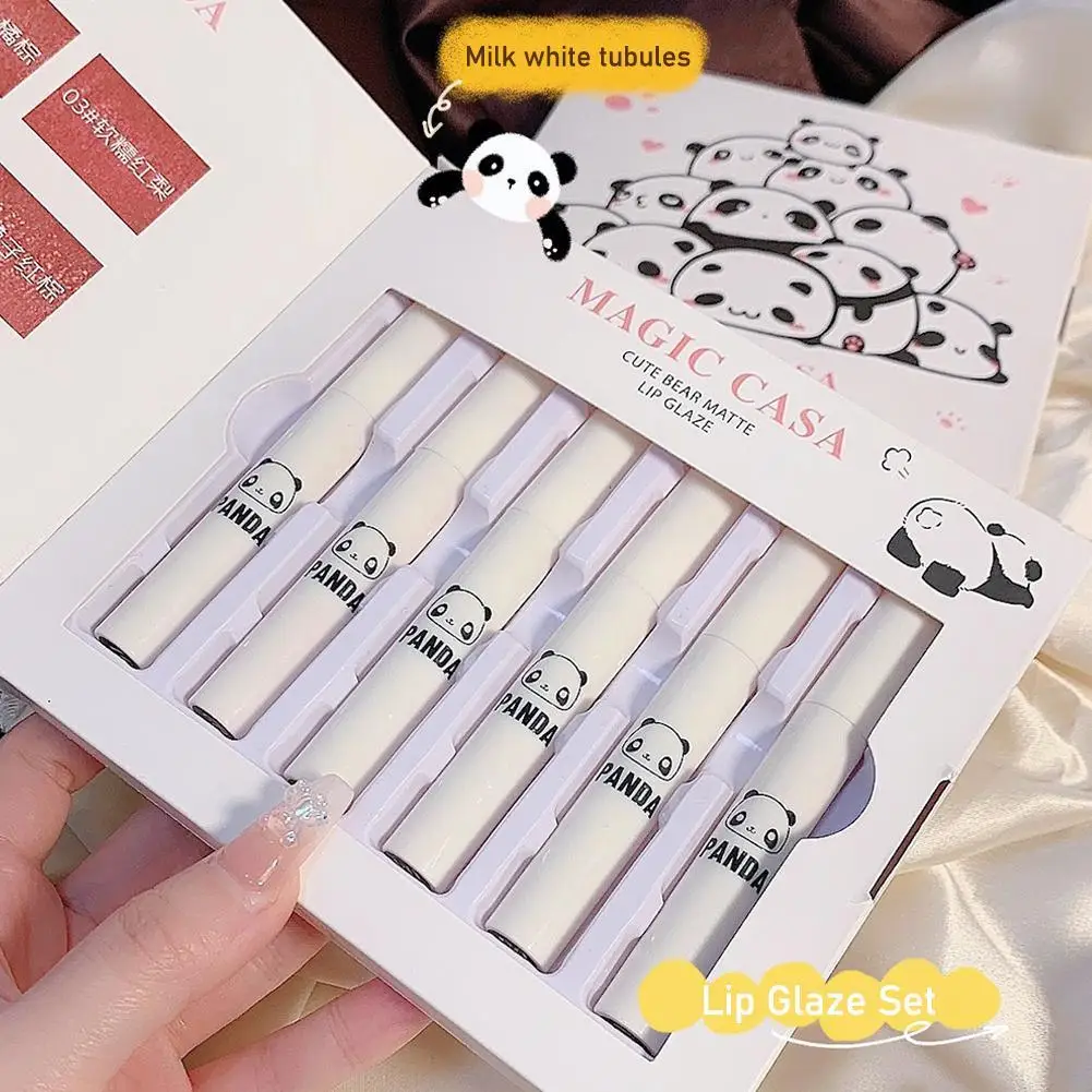 New Cute Panda Lip Glaze Set Of Six Pieces Matte Velvet Lipstick Gift Box Daily Use Cosmetics Gifts For Friends