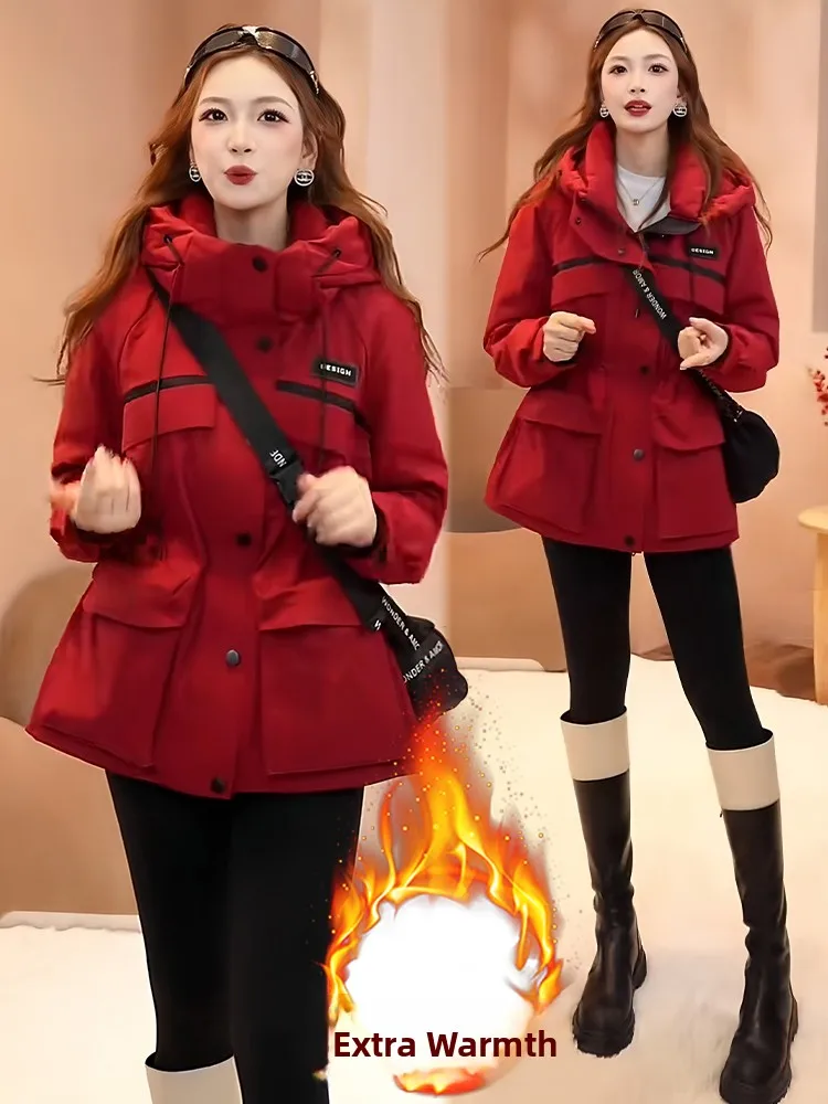 한국 슬레 티엔드 페이스 라인드 후드 다운 코튼 재킷 여성용 겨울 신상 슬레 웨이스트 따뜻한 아우터웨어