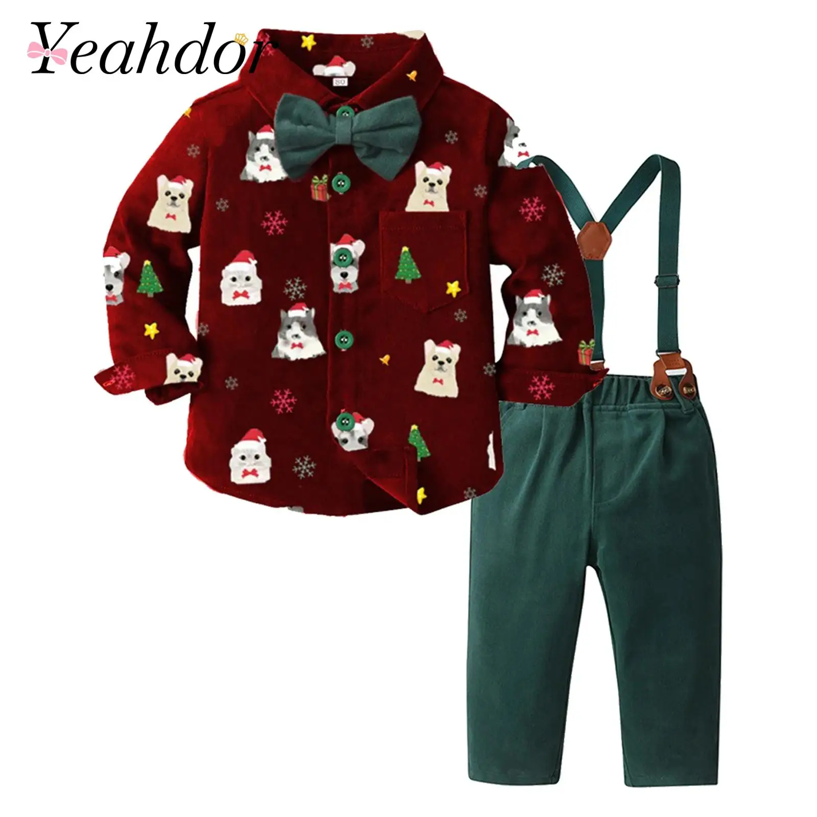 

Детские комплекты рождественской одежды для мальчиков, костюм джентльмена, рубашка с длинными рукавами и милым принтом, штаны на подтяжках, наряды для дня рождения, рождественской вечеринки