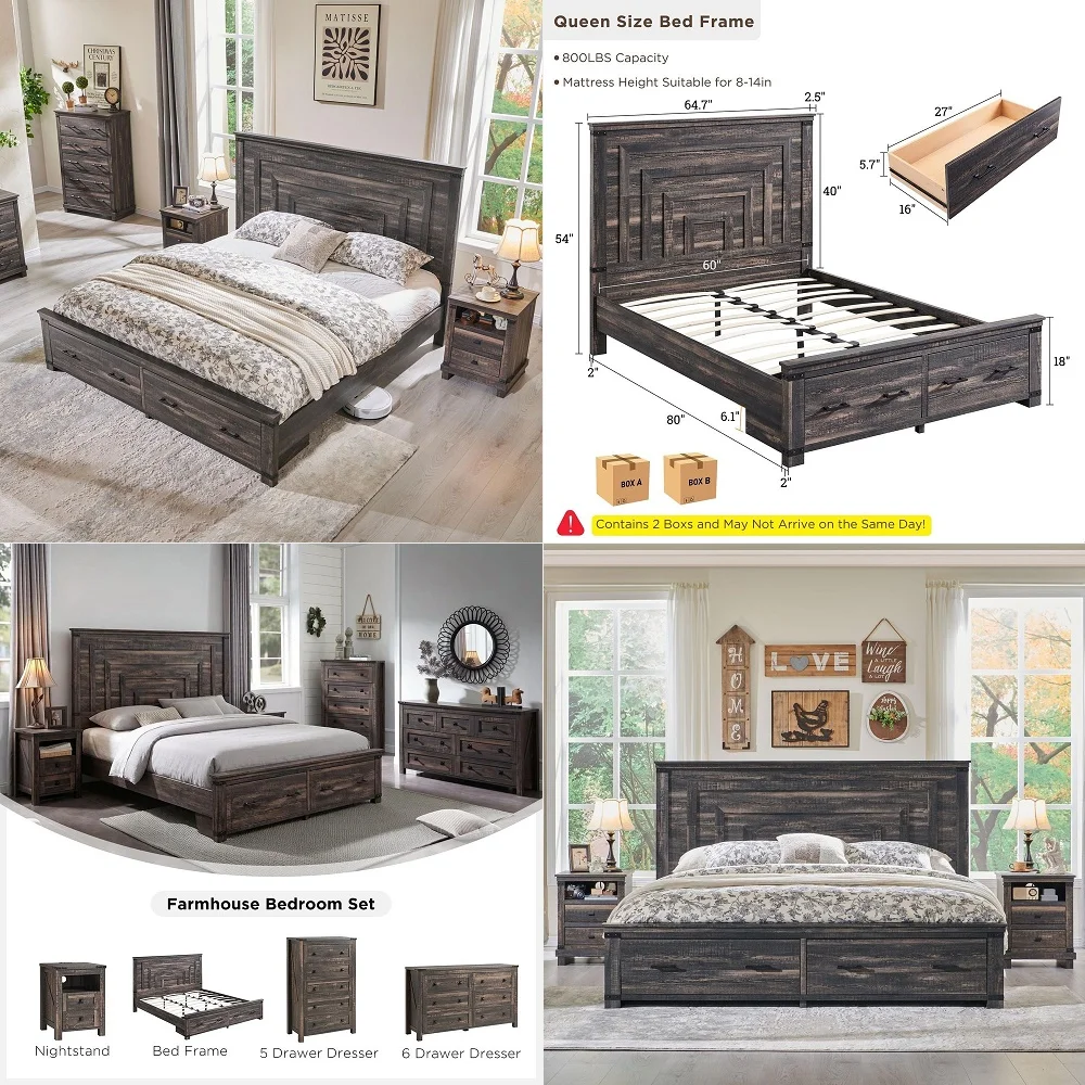 

Farmhouse Queen Size Bed Frame with 54 Tall Geometric Headboard amp 2 Large Storage Drawers, Rustic Wood Platform Bed with Wood