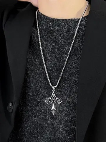 Stainless Steel Necklace Flame Retro Cross Titanium Steel Casting Men Pendant Necklace Type