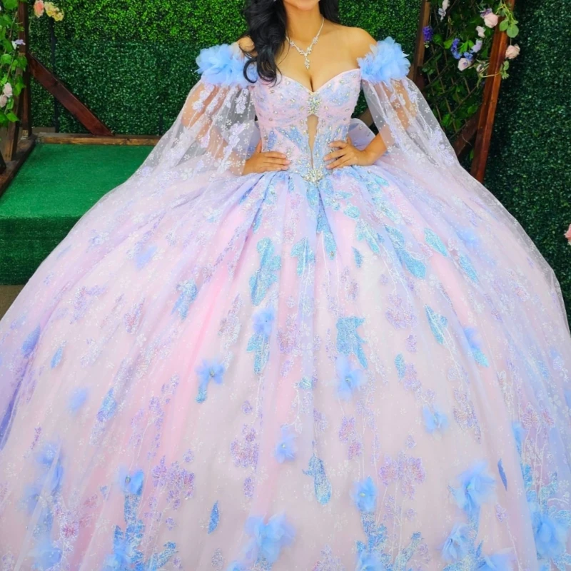 Pink Shiny Quinceanera Dresses Ball Gown Off The Shoulder Applique Flower Beads Bow Tull With Cape Party Birthday Sweet 16