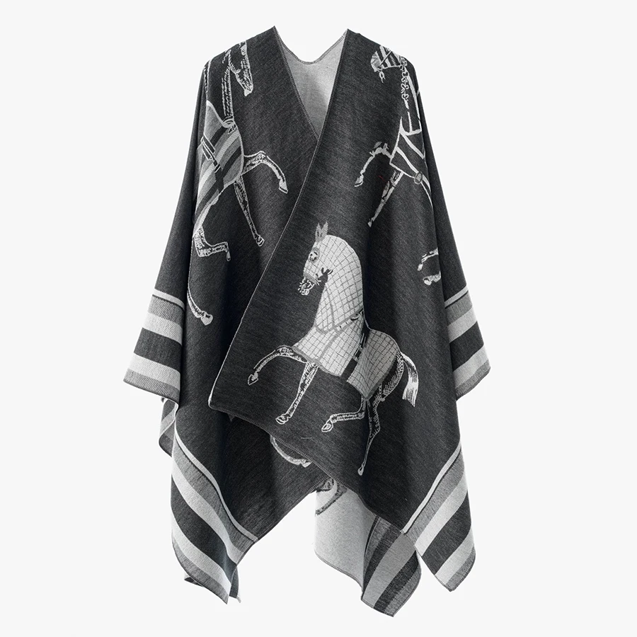 

Винтажный жаккардовый пончо-накидка с полосками и лошадьми, имитация кашемира, унисекс, осенне-зимний большой шарф-накидка, мягкий плащ для вечеринок
