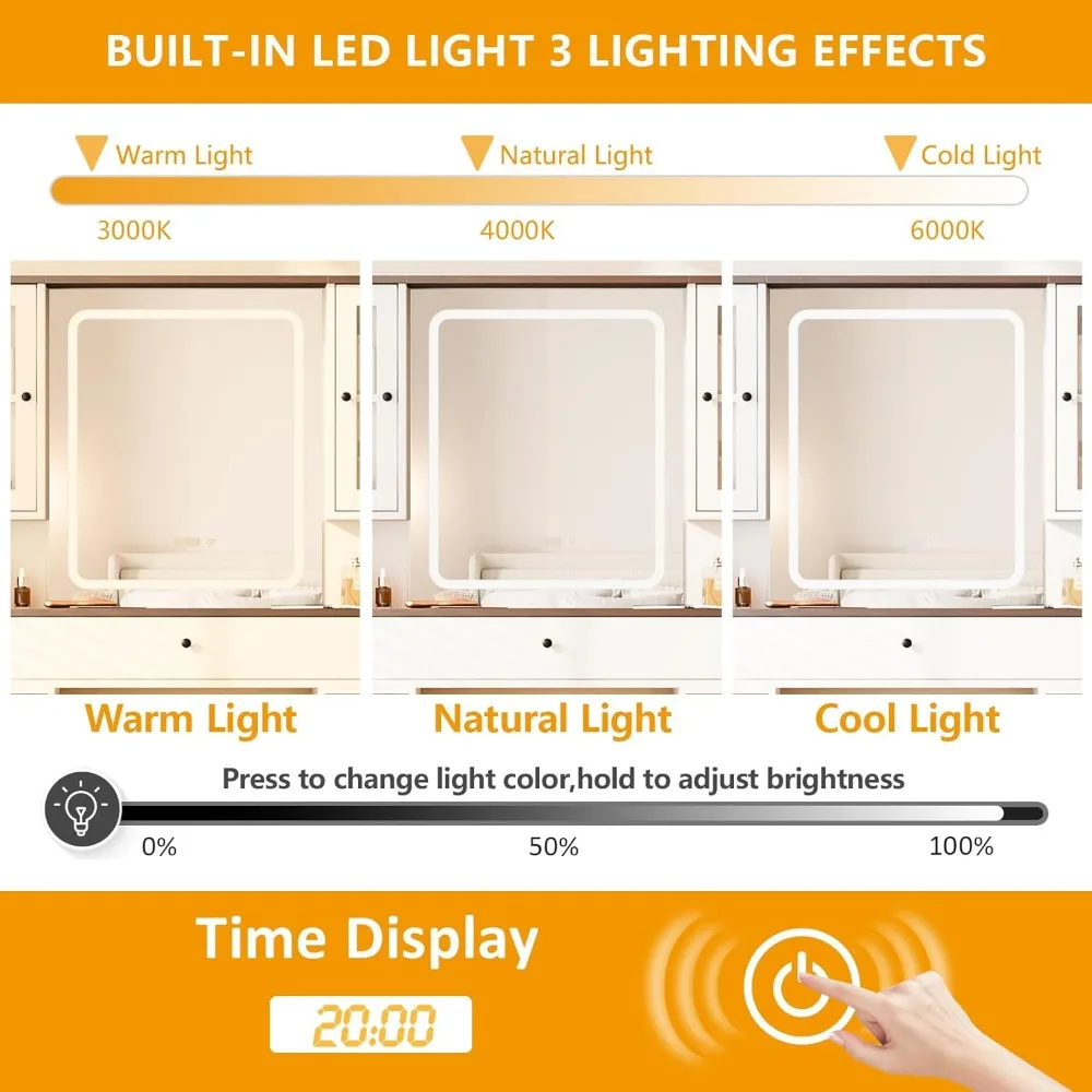 Meja Rias dengan Cermin dan Lampu, Meja Rias Rias dengan Strip Daya & Cermin Berlampu LED43in Meja Rias Besar dengan 5 Laci