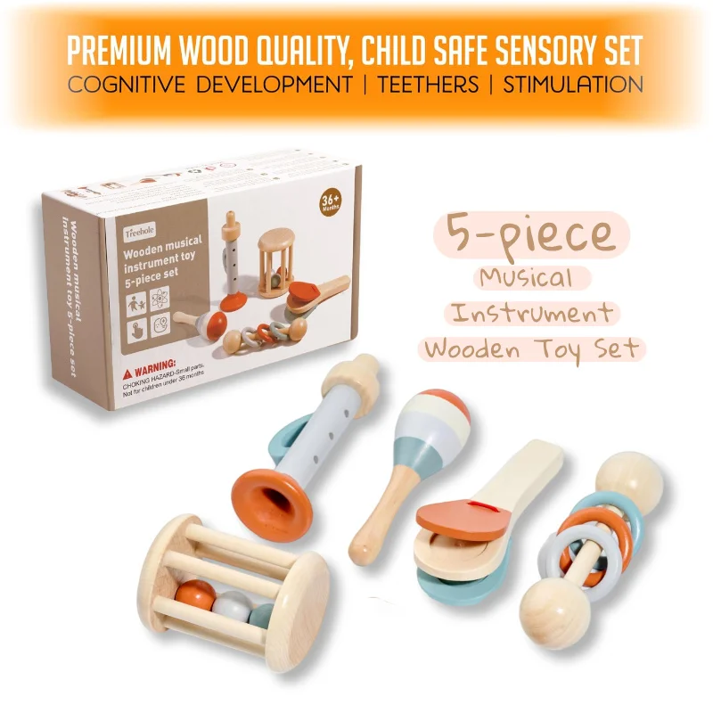 Chocalho infantil montessori de 5 peças e conjunto musical, brinquedo infantil de madeira, instrumentos de percussão para crianças, presente de aniversário pré-escolar