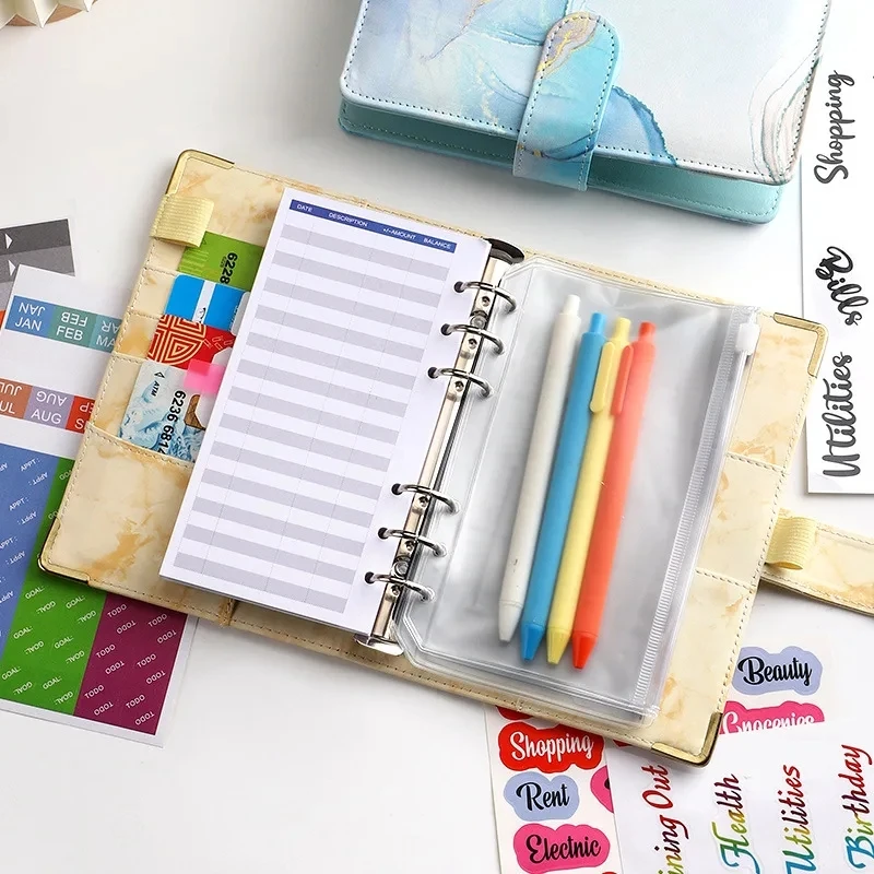 A6 12PCS Binder Pockets Binder Zipper Folders for 6-Ring Notebook Binder Waterproof PVC Leaf Pouch Document Filing Bags