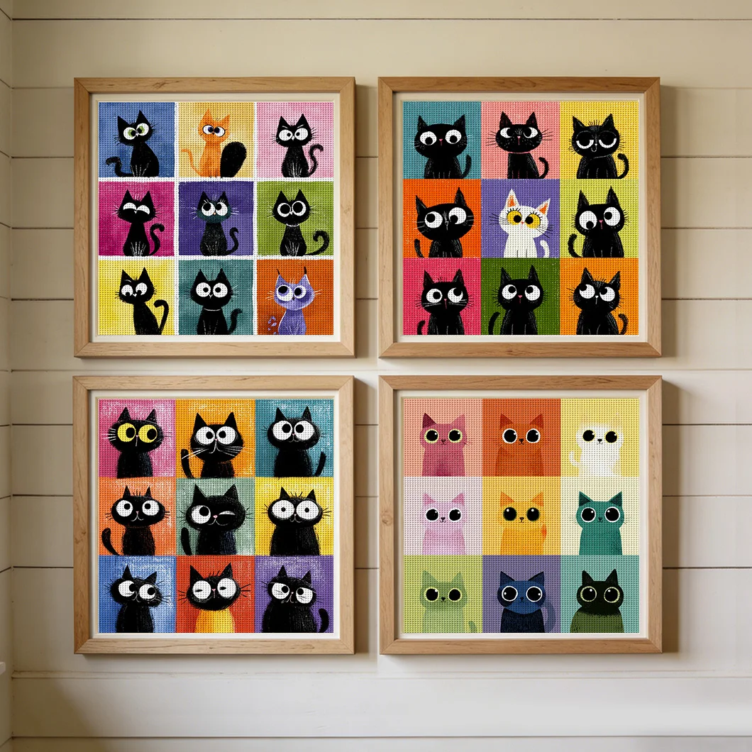 1 Pieza, 36x36cm/14.17x14.17 Pulgadas, Kit de Punto de Cruz con Impresión 11CT, Diseño de Gato Negro, Set de Punto de Cruz Relajante para Principiantes Adultos