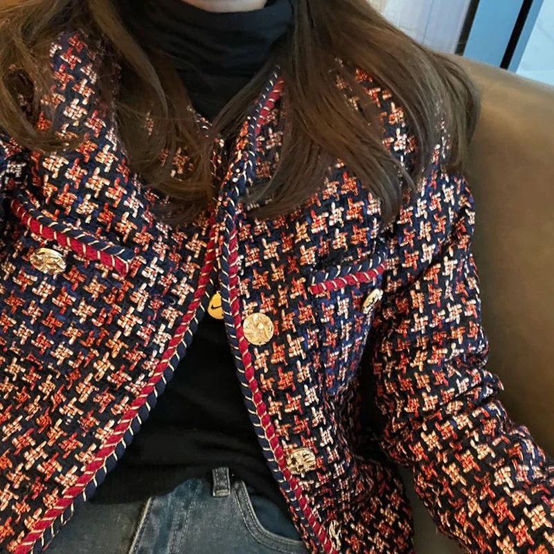 Elegant Weave Plaid Women Blazer Pocket Plus Velvet Winter Causal Tweed Coat Office Ladies Suit Jacket