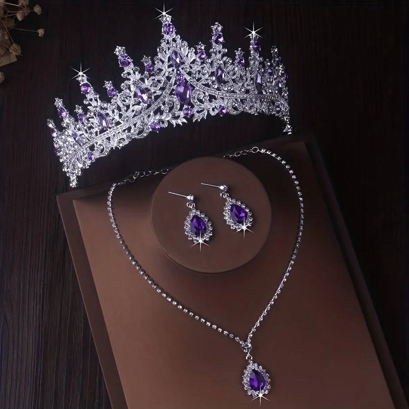 

Bridal Crown Necklace Earring Set Purple Bridal Accessories Fashionable and Elegant Evening Party Banquet Birthday Party Headwea