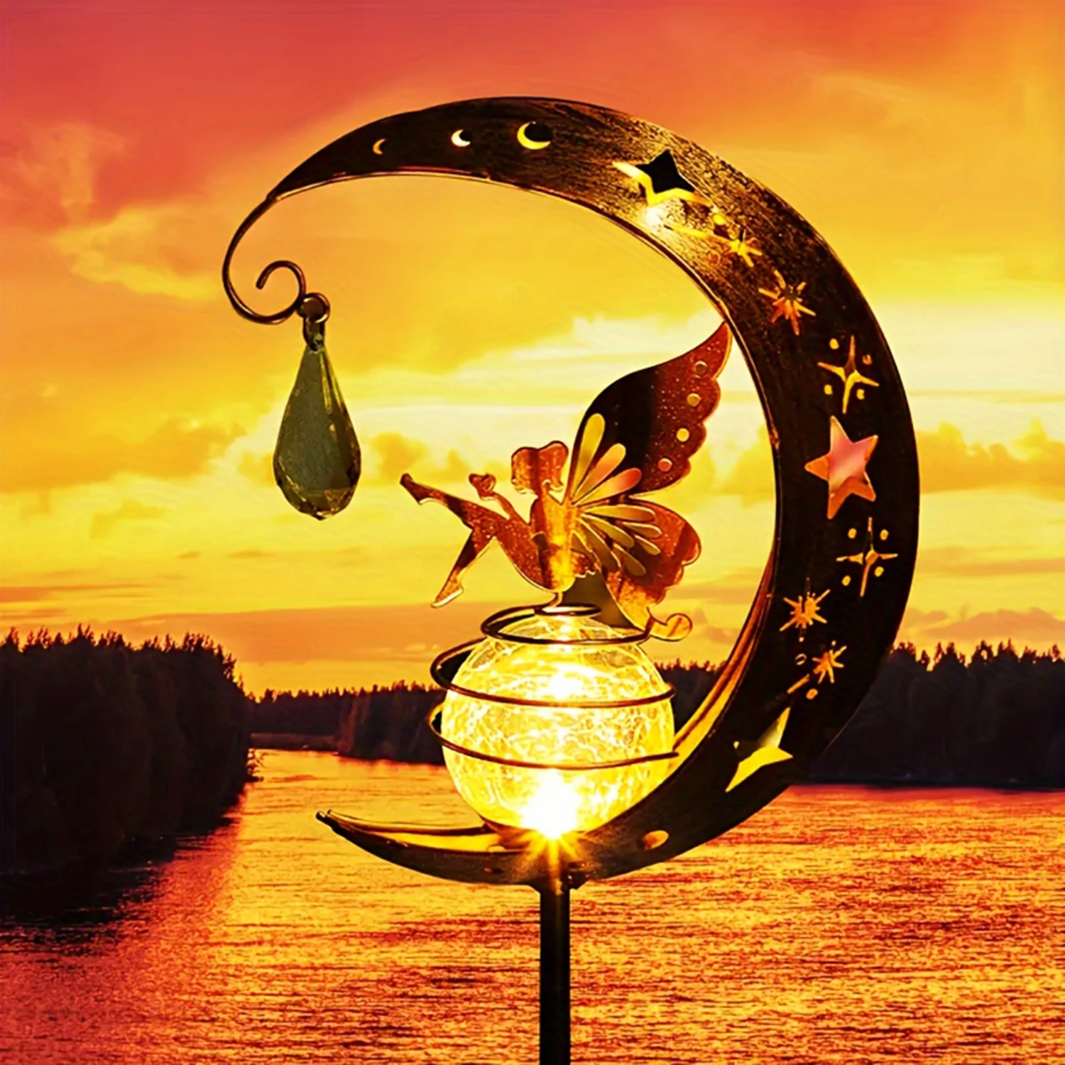 1pc Moon-Shaped Solar-Powered Metal Fairy Lantern - Waterproof LED Landscape Light Perfect for Patio and Yard Decor