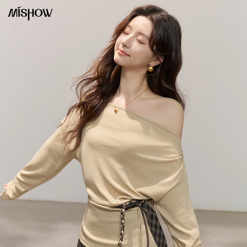 MISHOW Women Lyocell Wool Off Shoulder Knit Top 2026 Spring New Ruched Waist Slim Fit Elegant Casual Long Sleeve Tee MXF14Z3028 image 5