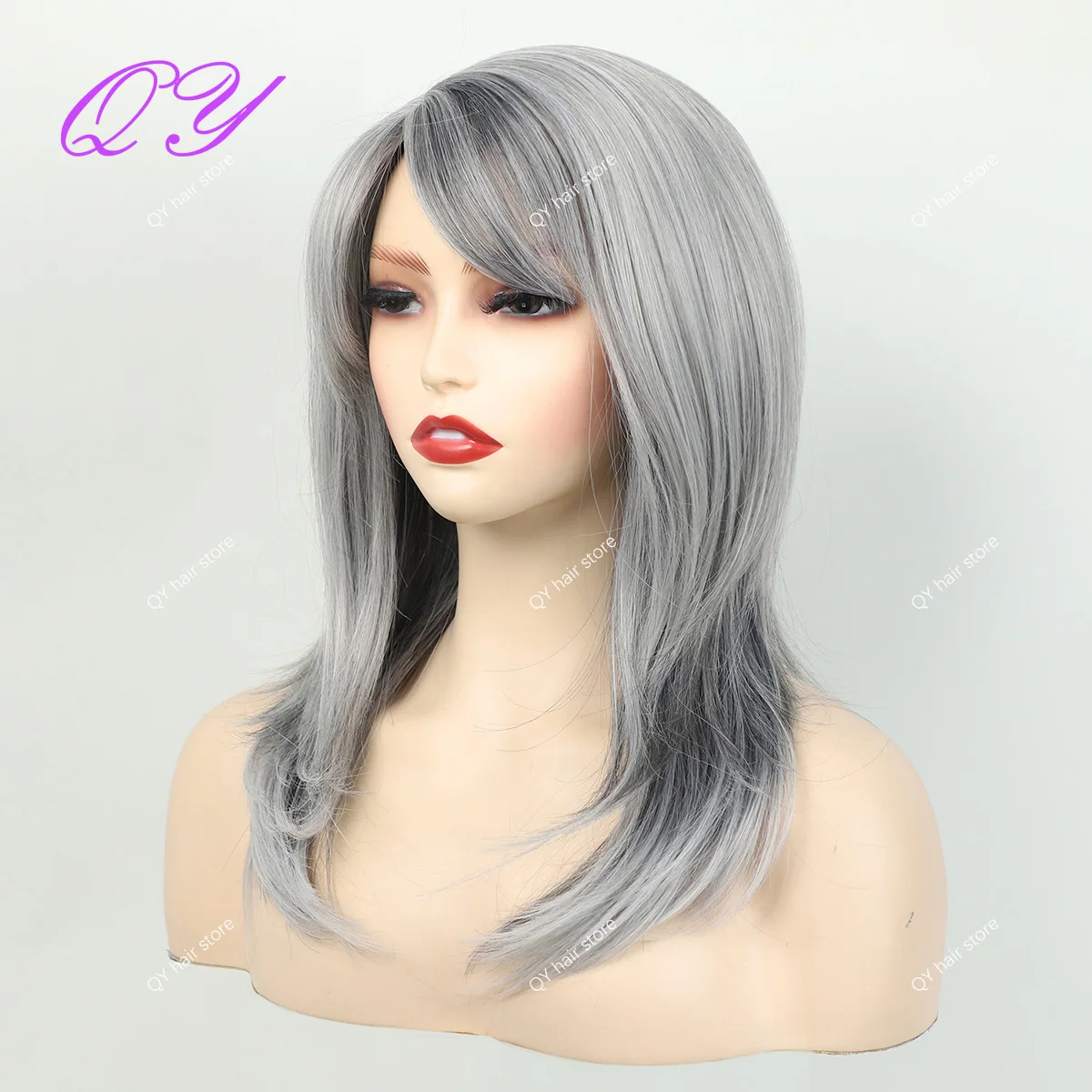Synthetic Grey Straight Wig with Bangs