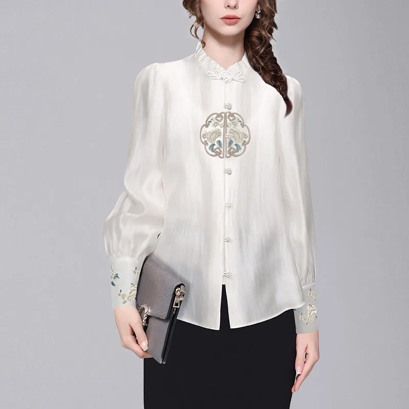 Vintage Embroidered Womens White Ruffled Shirt Long/Short Sleeve Loose-fitting Female Spring Summer Tops Work Casual Blouses