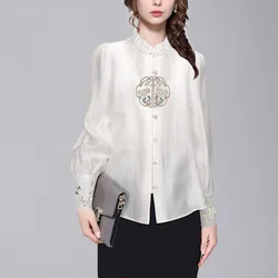 Vintage Embroidered Womens White Ruffled Shirt Long/Short Sleeve Loose-fitting Female Spring Summer Tops Work Casual Blouses