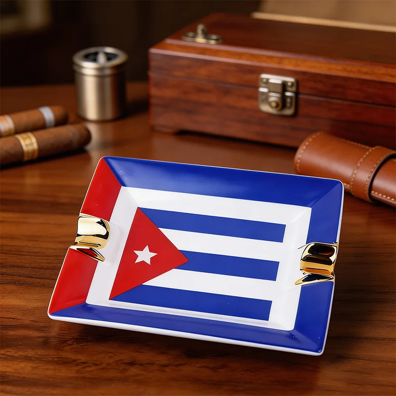 Cigar Set with Cuban Flag, Stainless Steel Cigar Cutter, Gold-Plated Cigar Ashtray, Cigar Accessories, Premium Gift view 2