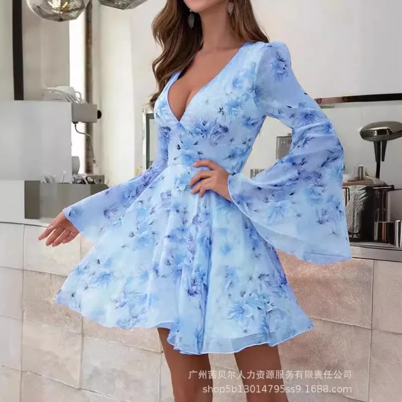 2024 Spring Summer New Women\'s Clothing Flared Sleeves Deep V-neck Tight Waist Dress-No Positioning Printing Dress