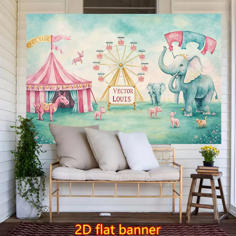 Vintage Carnival Circus Wall Tapestry Art Canvas Poster Decor Pink Blue Elephant Ferris Wheel Nursery Kids Room Polyester Print