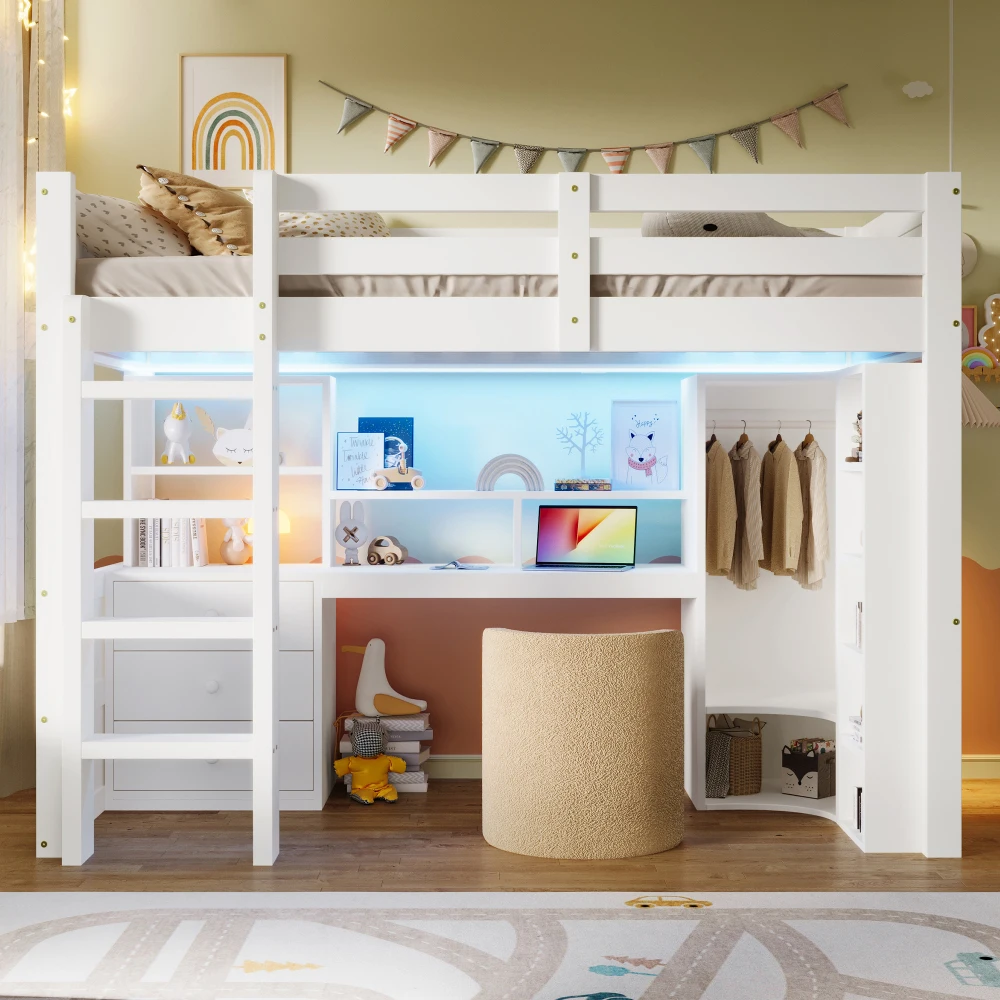 Lit mezzanine blanc surélevé, lit simple multifonctionnel avec bureau intégré, armoire, tiroirs de rangement et compartiment de rangement fermé, mobilier de chambre robuste pour adolescents et jeunes, design peu encombrant, support à lattes stable.