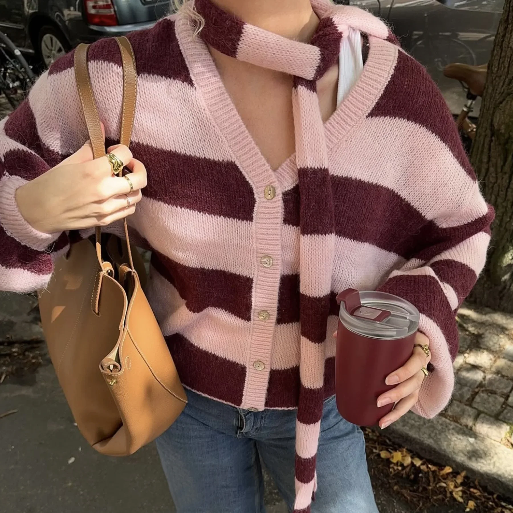 Crossborder Amazon Aliexpress Independent Station Autumn and Winter Explosions Loose Lazy Stripes with Scarf Sweater Cardigan