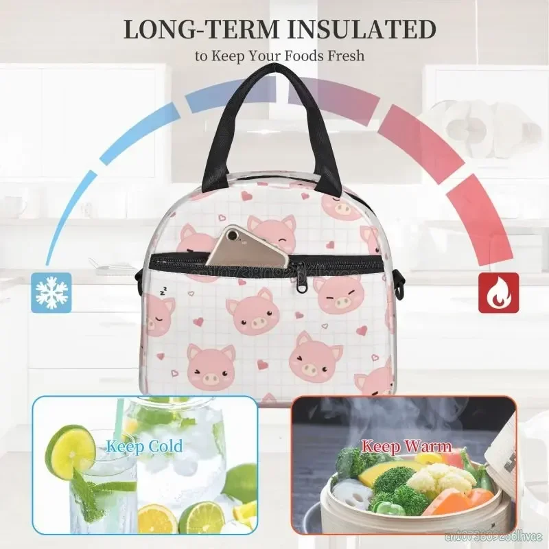 Cute Pigs with Grid and Heart Insulated Lunch Box Portable Canvas Lunch Bag Thermal Cooler Bento Bags for Women Kids Work School