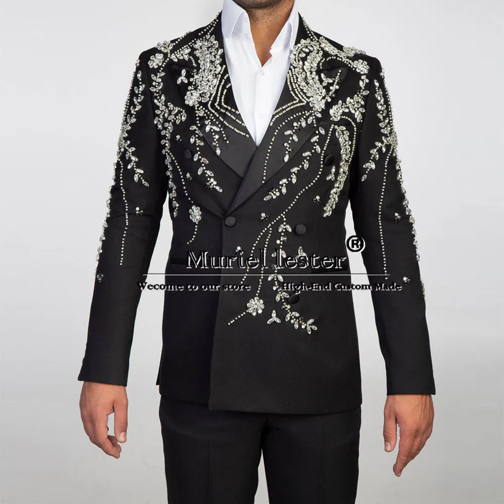 Man Luxury Jewelry Ornament Suits For Wedding Double Breasted Groom Tuxedo 2 Pieces (Jacket Pants) Men\'s Banquet Prom Blazers