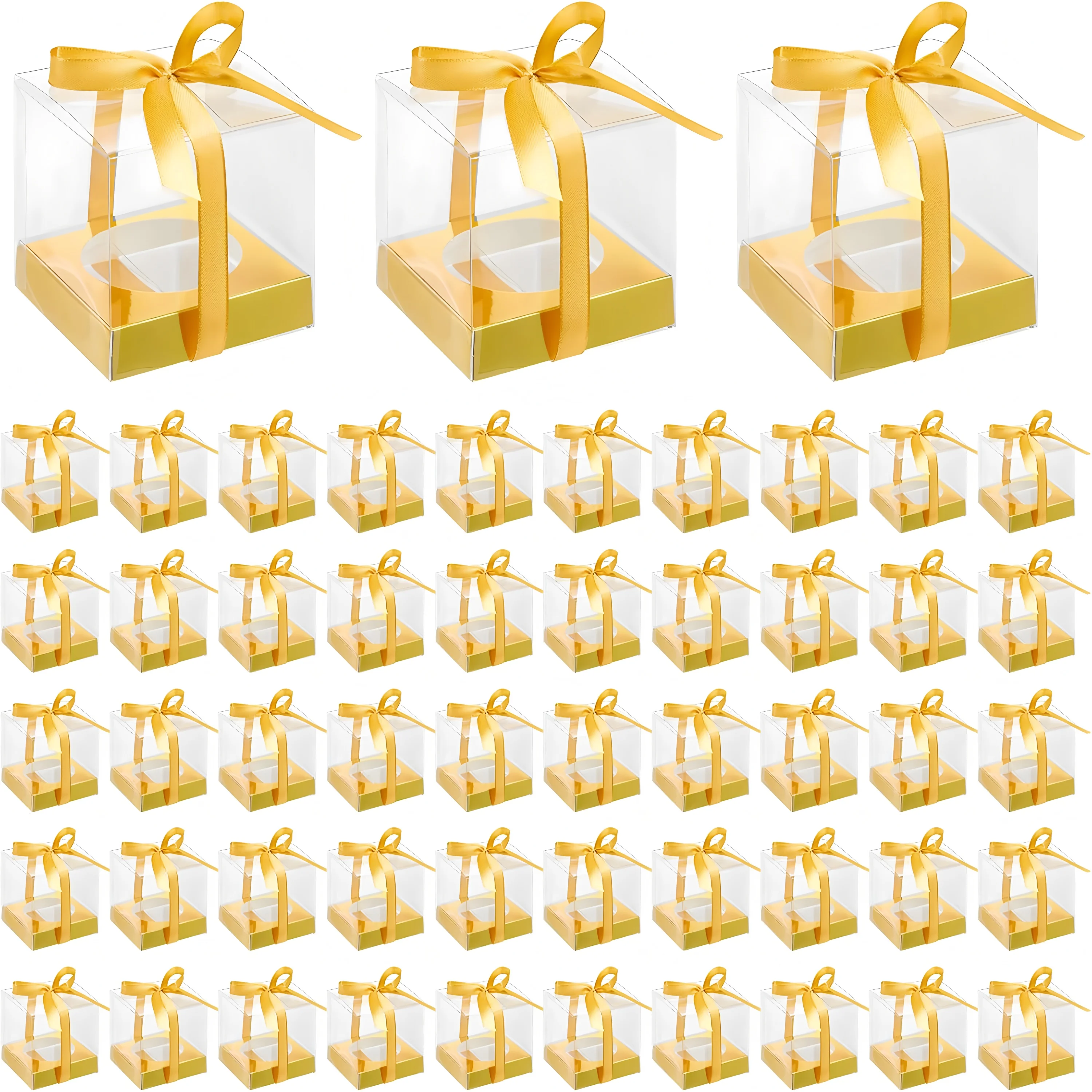 

50 Clear Gift Boxes Individual 3.5 Inch Containers with Inserts and Ribbons for Party Favors and Scented Candle Packaging