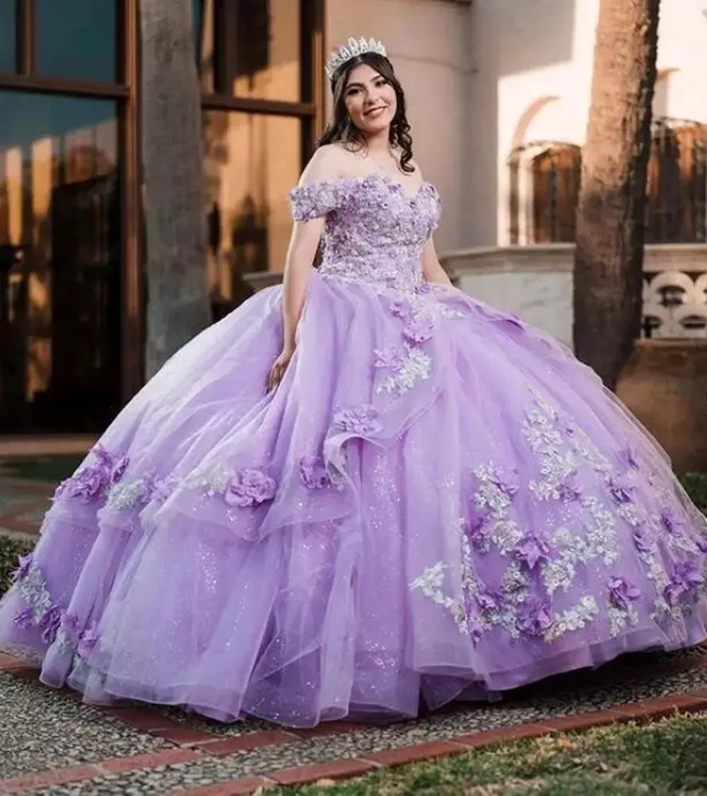 Lilac lavender Vestidos De 15 Años Quinceanera Florals Off The Shoulder Fluffy Sweet 16 Dress Luxury Mexican Charro Prom