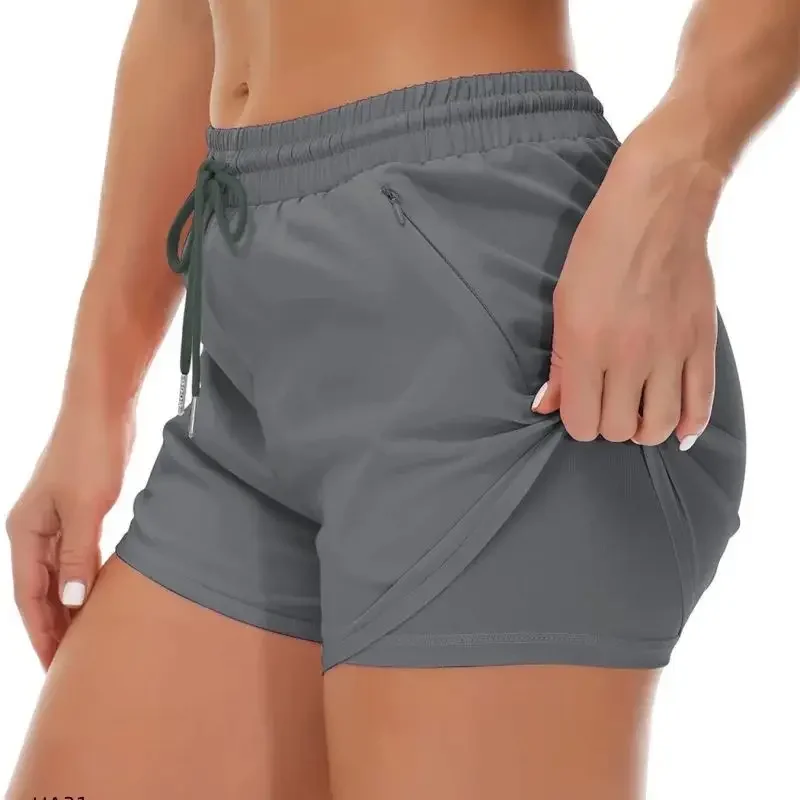2026 Summer New Women's Fashion Solid Color Double Layer Shorts Outdoor Leisure Sports Gym Fitness Speed Drying Beach Shorts