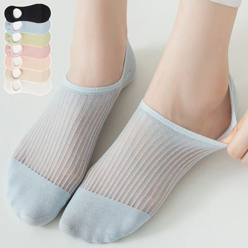 5Pairs Women's Invisible Socks Silicone Non-slip Breathable Mesh Solid Color Ankle Boat Sock Soft Cotton Ultra-thin Ladies Sox