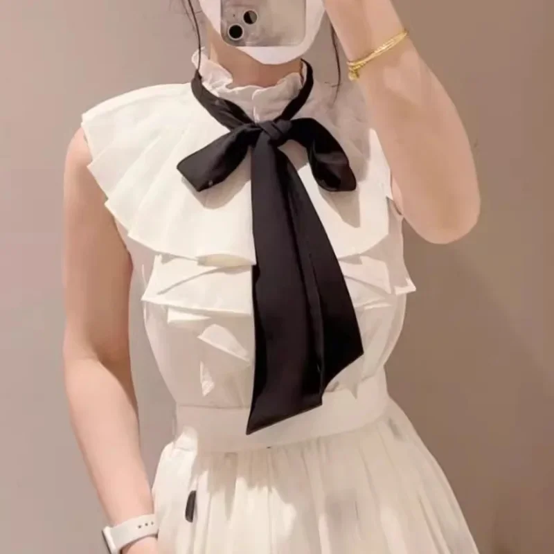 Cascading Ruffle Bandage Bow Blusas Mujer Japanese Stand Collar Pleated Shirts Blouses Sleeveless Camisas Summer Shirt Tops