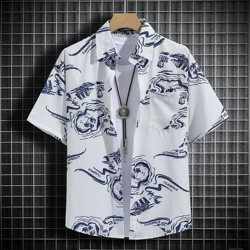 Fashionable Men's Beach Shirts with Turn-Down Collar and Breathable Fabric, Perfect for Casual Wear and Outdoor Activities