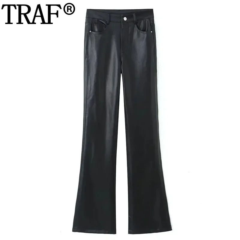 

TRAF Black Faux Leather Pants Women High Waist Skinny Flare Pants Woman Fashion Autumn Winter Leggings Women's Flared Pants