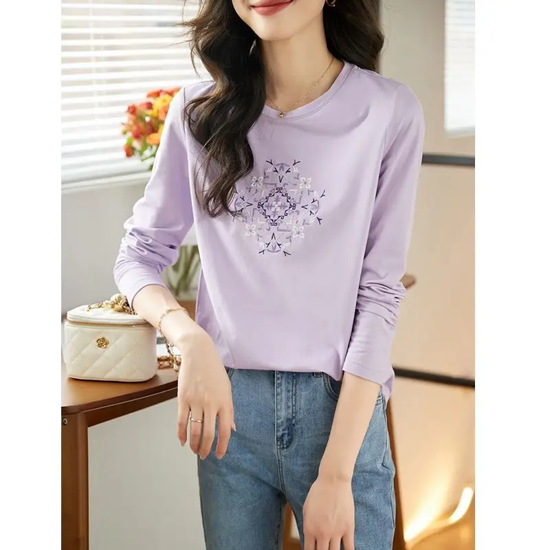 Spring Autumn New Fashion Round Neck Long Sleeve Embroidery Pure Cotton Bottoming Shirt Women\'s Clothing All-match Korean Tops