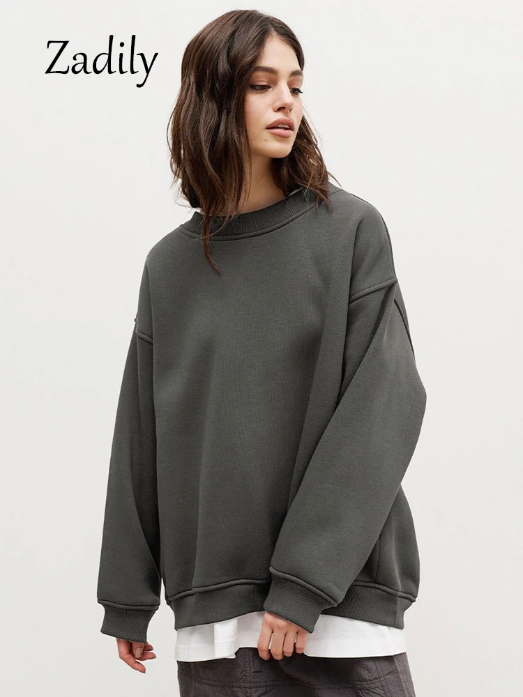 

2024 Winter Streetwear O Neck Women Warm Hoodies Oversize Drop Sleeve Solid Color Thick BF Pullovers Casual Female Clothing