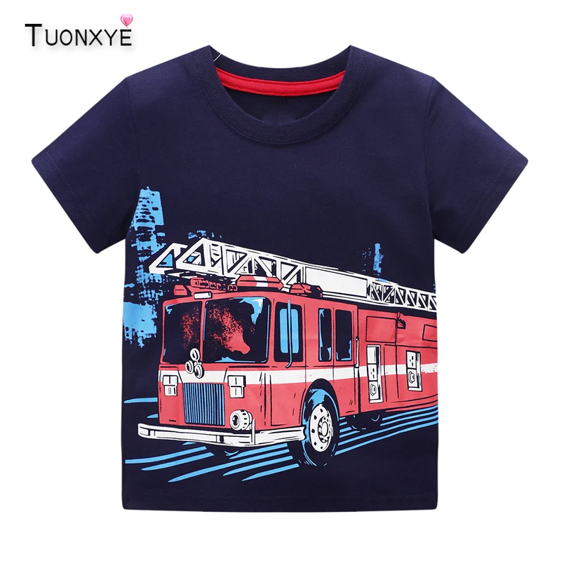 TUONXYE Summer Boys Short Sleeve T-shirts Tops Clothes Fire Truck Pattern Children Clothing Kid Cotton Outfit 2-8Years