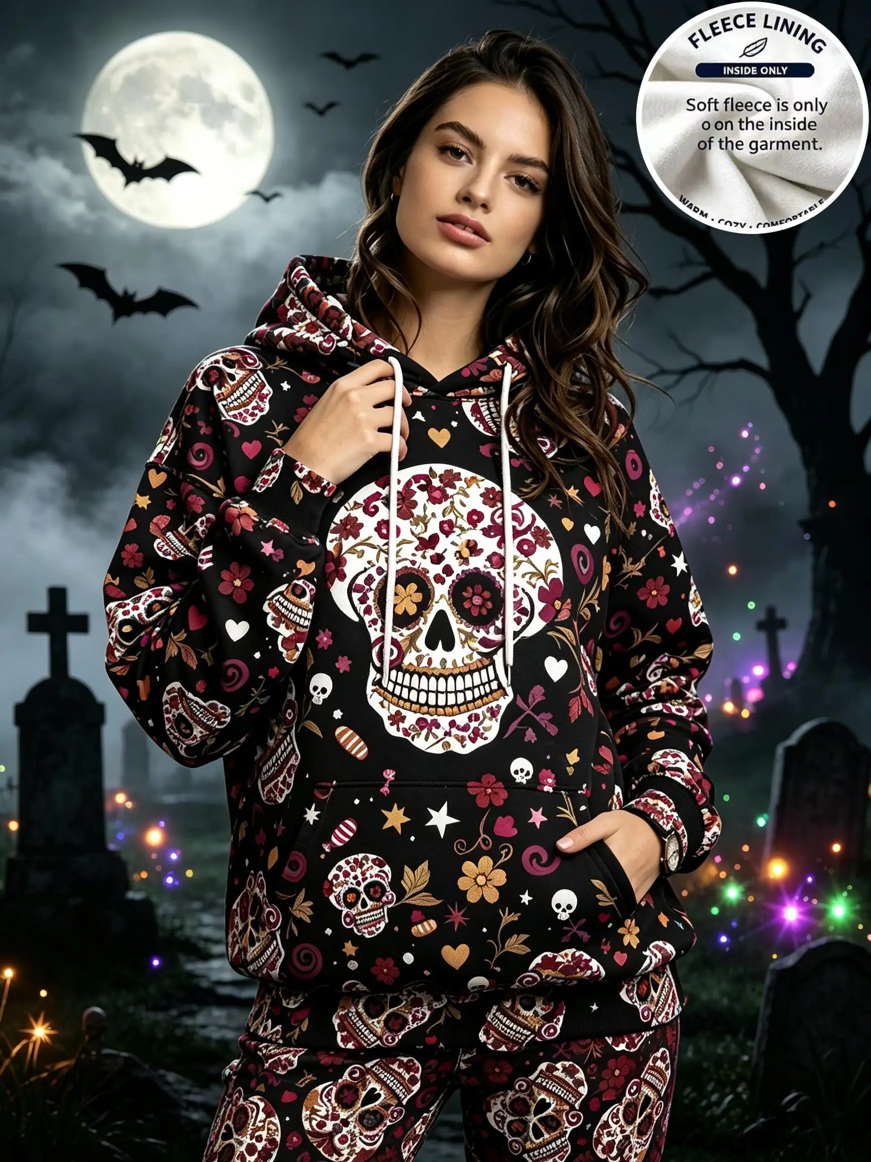 Halloween Women Hoodie Floral Sugar Skull Print Long Sleeve Pullover Casual Loose Sweatshirt Day of The Dead Party Outfit