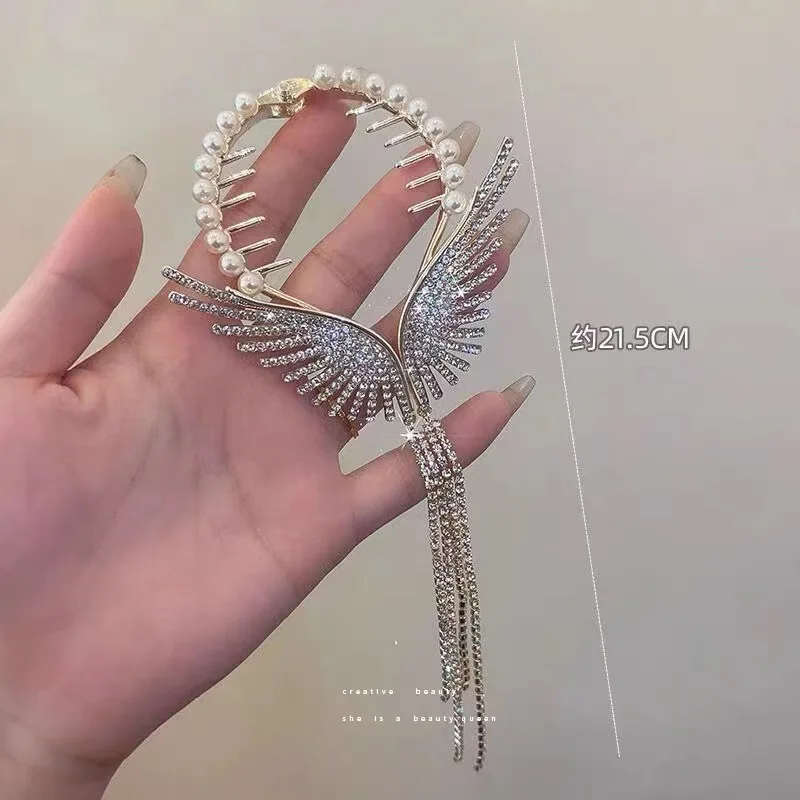 New Angel Wings Pearl Rhinestone Tassel Pill Head Ponytail Buckle Hair Clip Female Korean Hair Card Hair Accessories