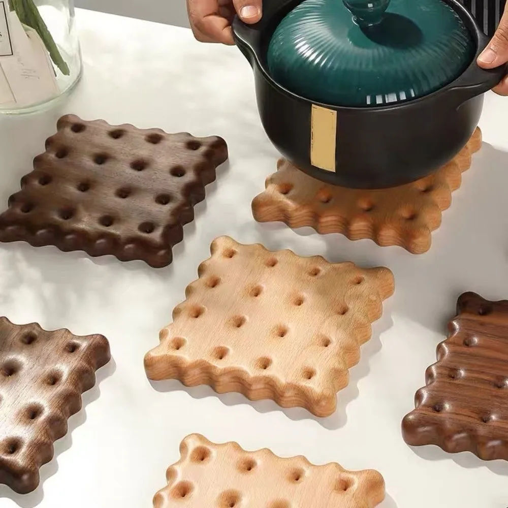 

New Square Solid Wood Cookie Coasters Non-Slip Biscuit Shape Heat Insulation Pad Heat Resistant Tea Cup Mat for Tea Milk Drink
