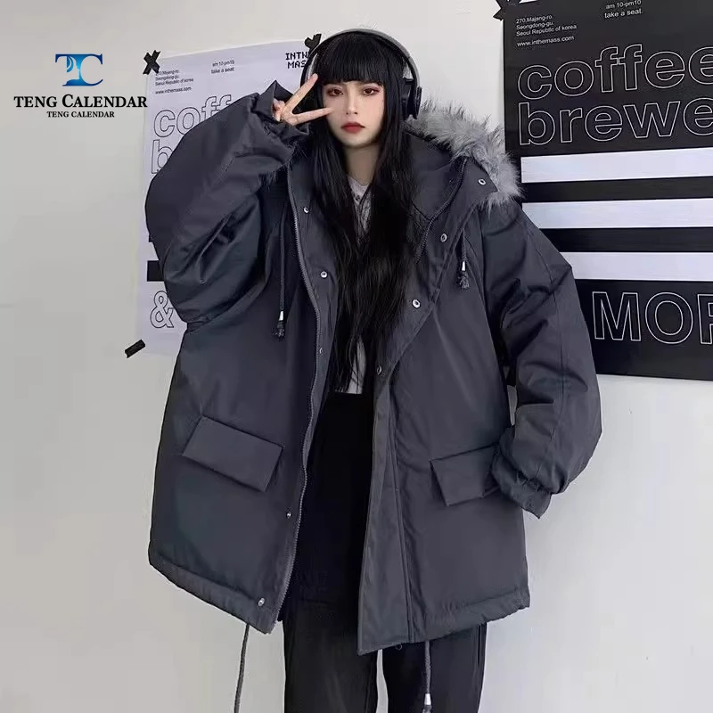 

Корейская хлопковая куртка для рабочей одежды в стиле ретро, утолщенная куртка унисекс с меховым воротником очень большого размера 300 фунтов, новинка на зиму 2025 г.